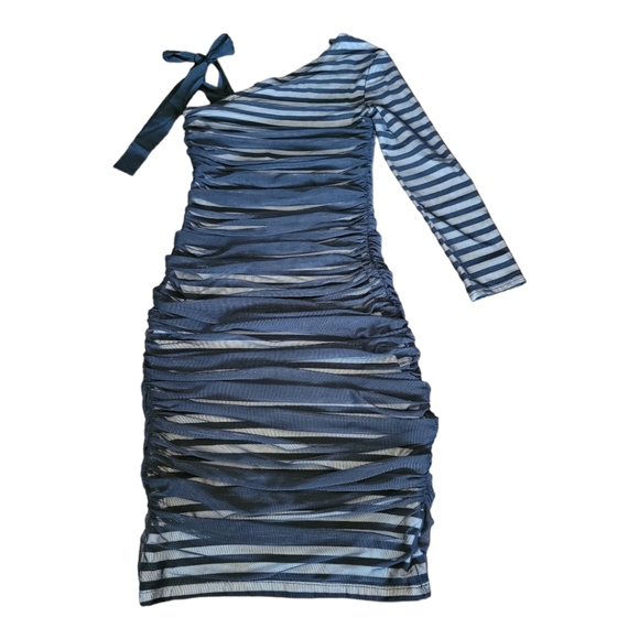 BCBGMaxAzria Dress Bodycon One-Shoulder Dress Black White Stripe Mesh Overlay XS - Picture 4 of 16